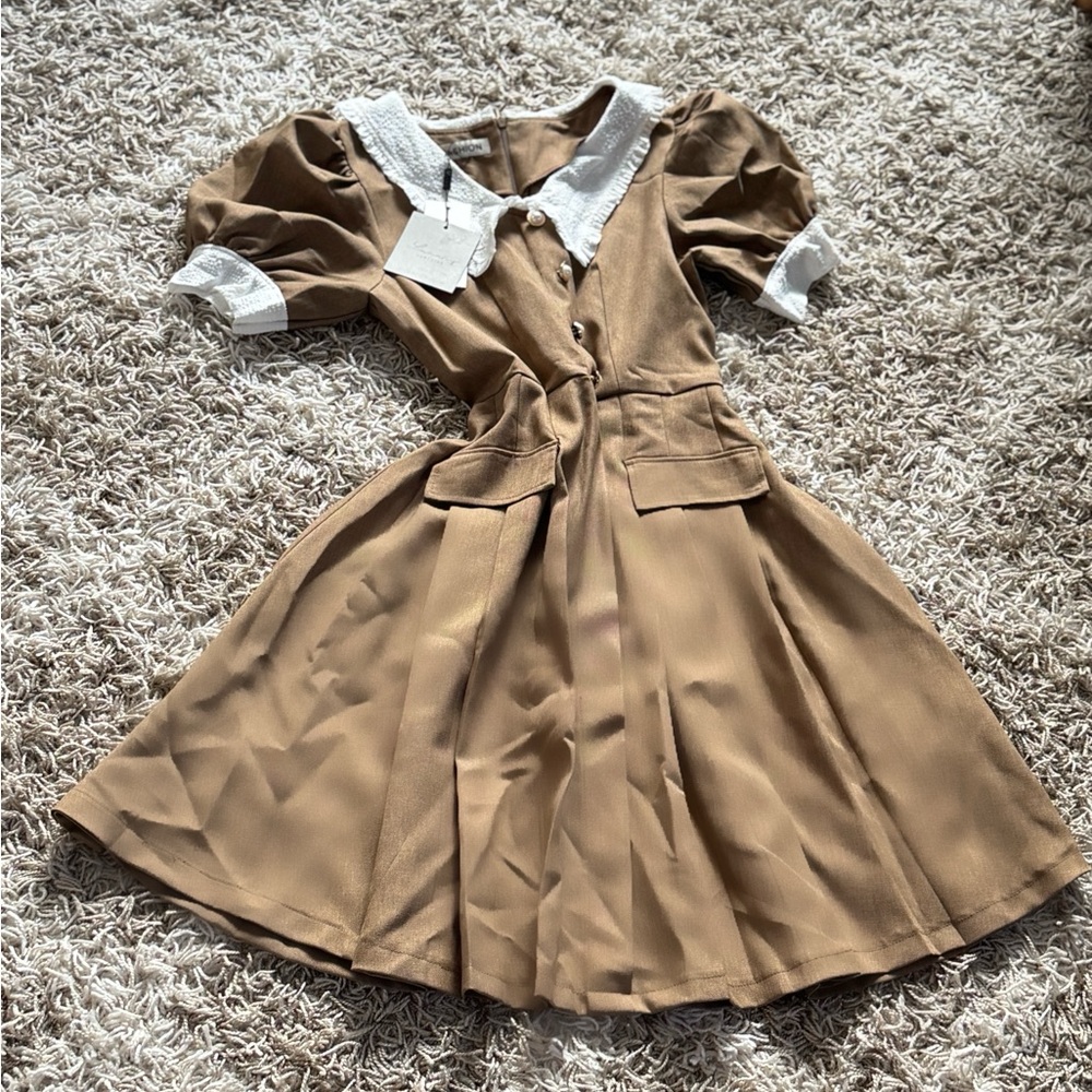 Charming Tan Kids Dress with White Collar